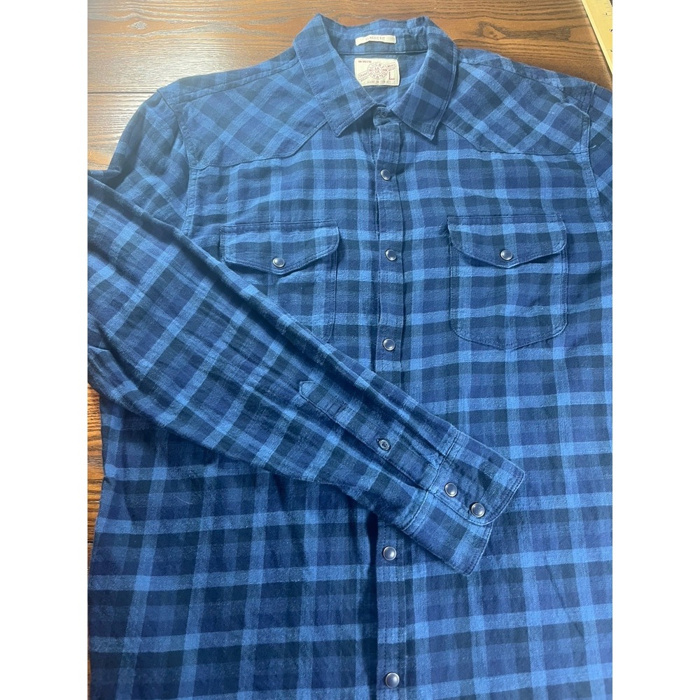 Lucky Brand Mens Blue Plaid Pearl Snap Western Flannel Shirt Size Large